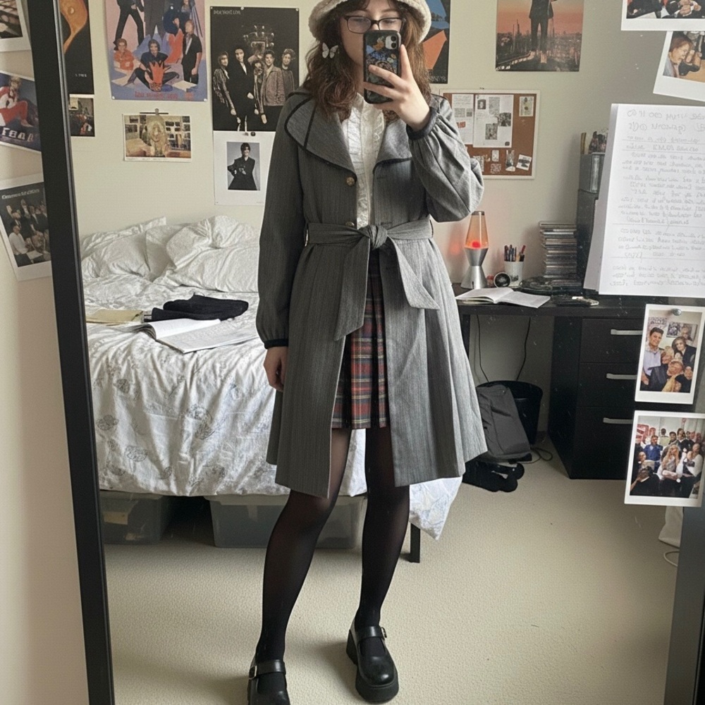 VTG Baby Phat Y2K Trench Coat Womens Gray Herringbone Tie Belt Academia Size S.